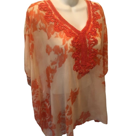 Chico’s Embroidered Printed Poncho Sz. S/M Orange Tan Sheer Batwing Summer Happy - Picture 4 of 8